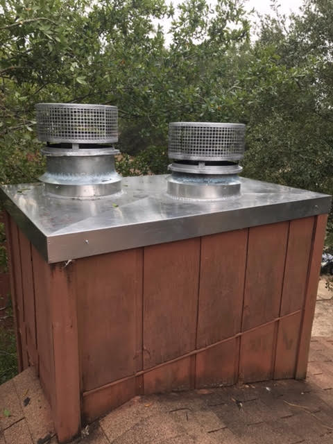 New custom chimney chase cover with proper cross breaks installed to shed water and protect the chimney system.