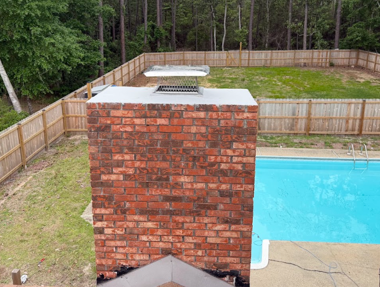 Brick chimney with newly applied waterproofing coating designed to repel water while allowing breathability.